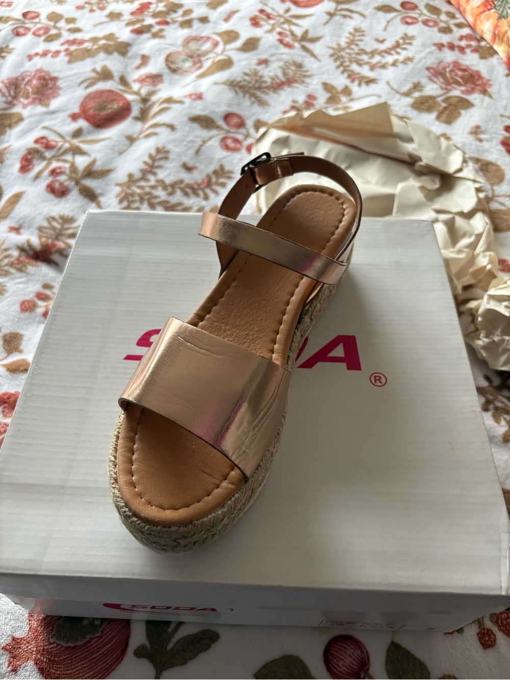 Soda Metallic Rose Gold Espadrille Wedge Sandal